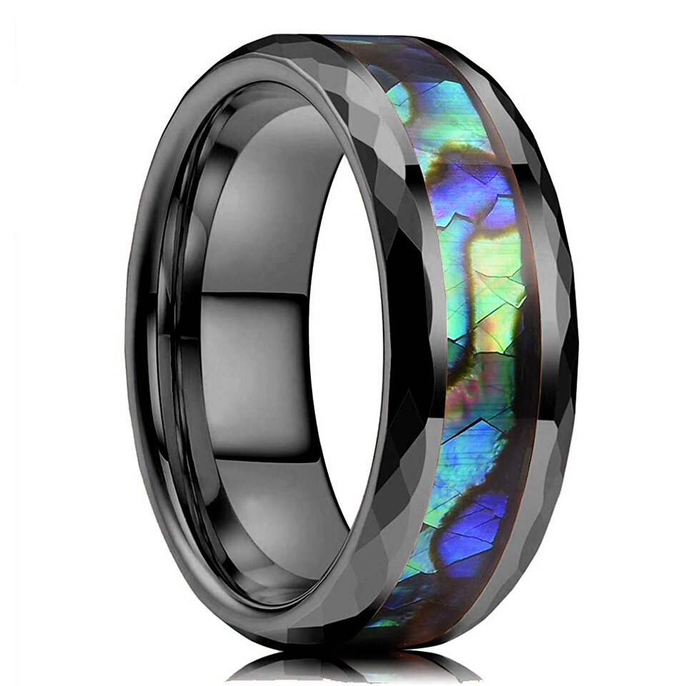 mens tungsten ring with colorful abalone and blue opal inlay 18