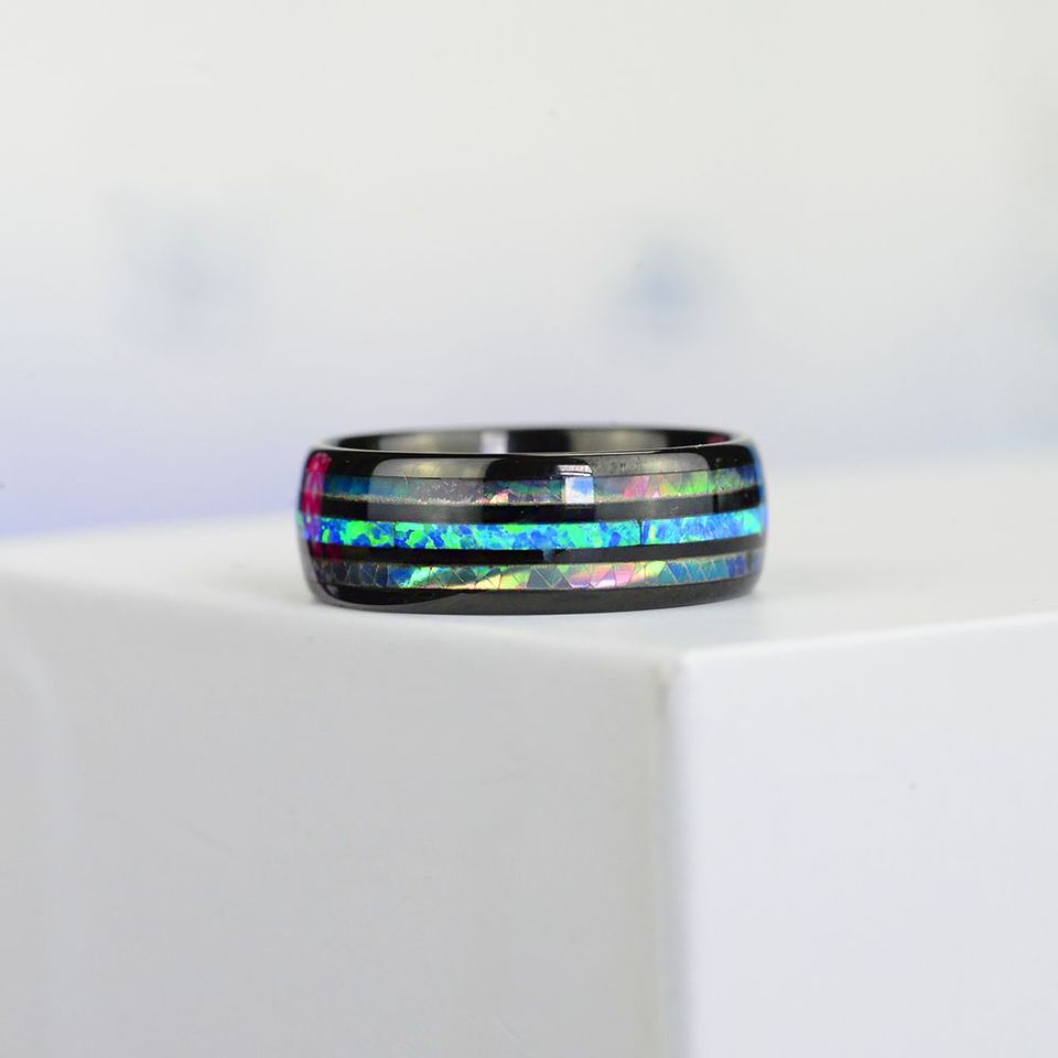 mens tungsten ring with colorful abalone and blue opal inlay 35