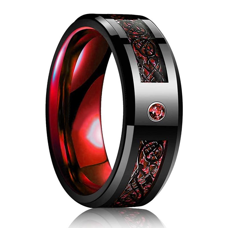 mens tungsten wedding band with red inlay and stainless steel carbon fiber 14